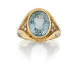 A diamond and topaz ring, the oval collet-set topaz to triple diamond point shoulders, hoop