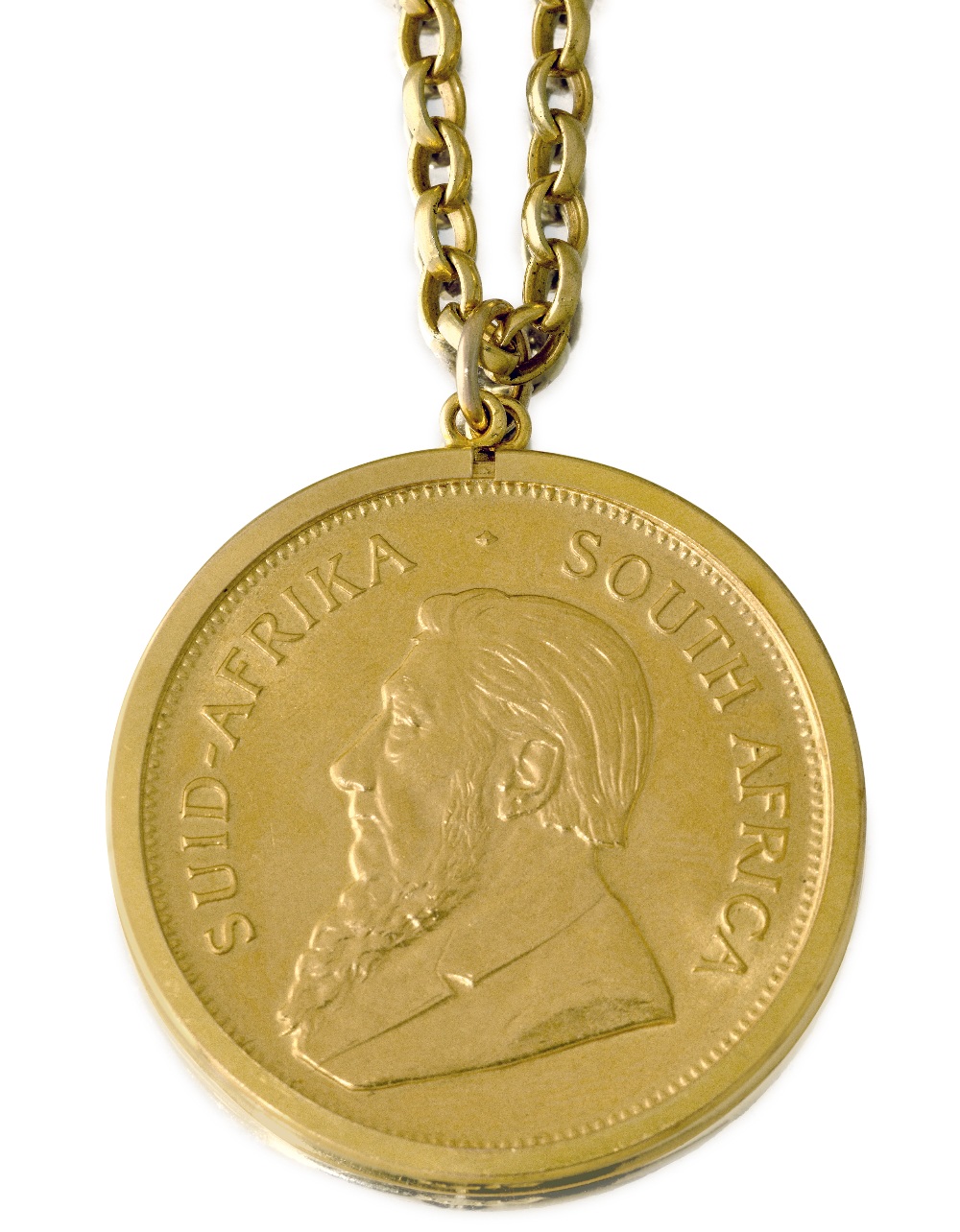 A 9ct gold pendant mounted South African Krugerrand coin, 1974, to a 9ct gold cable link neck chain,