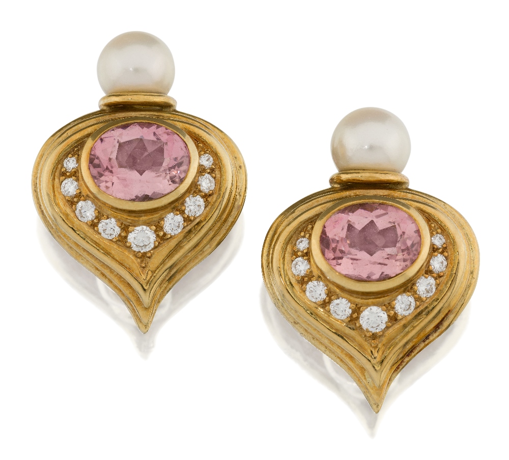 Elizabeth Gage. A pair of pink tourmaline, cultured pearl and diamond earrings, by Elizabeth Gage,