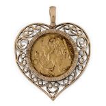 A 9ct gold mounted 1906 sovereign pendant, in heart-shaped openwork setting, the pendant loop with