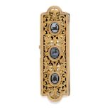 An early 19th century gold buckle, the rectangular gold pierced foliate panel set with three