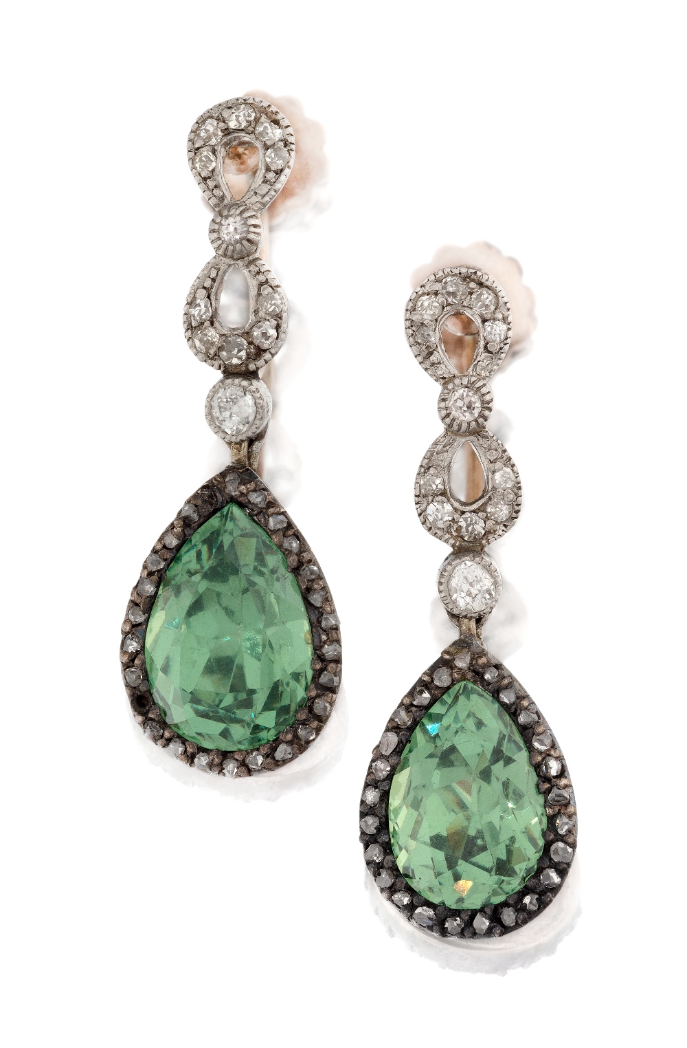 A pair of Edwardian diamond and tourmaline drop earrings, each in the form of a single pear-cut