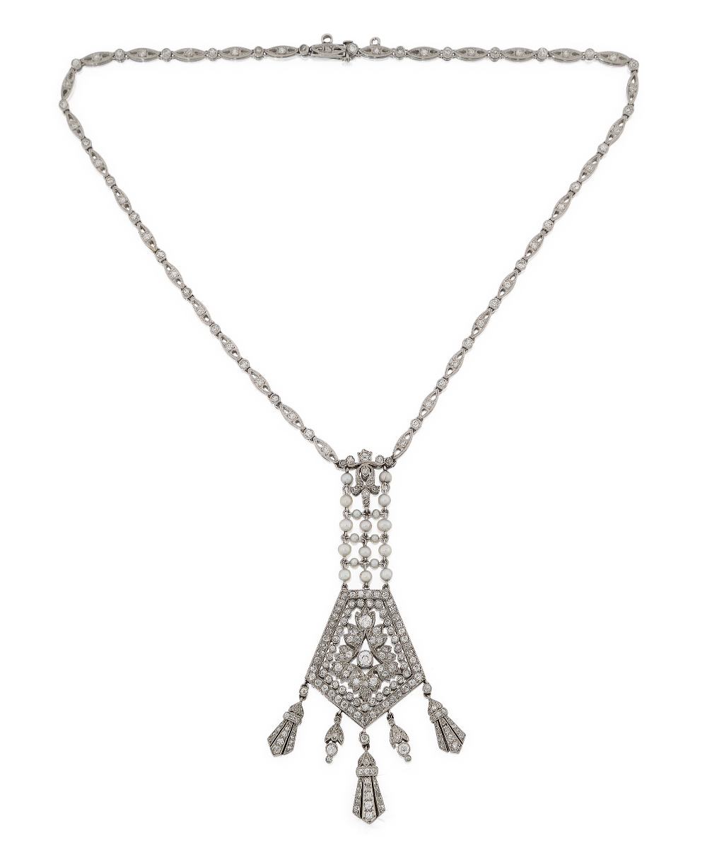 A Belle Epoque, platinum and diamond lavaliere pendant necklace, composed of a series of old-