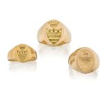 Three signet rings, two stamped 750, one with British hallmarks for 18ct gold, ring sizes approx.