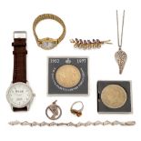 A small group of silver jewellery, coins and watches including: a watch by Eiger; an amber ring,