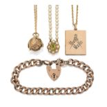 A group of jewellery, comprising: an early 20th century gold and diamond-set Masonic locket