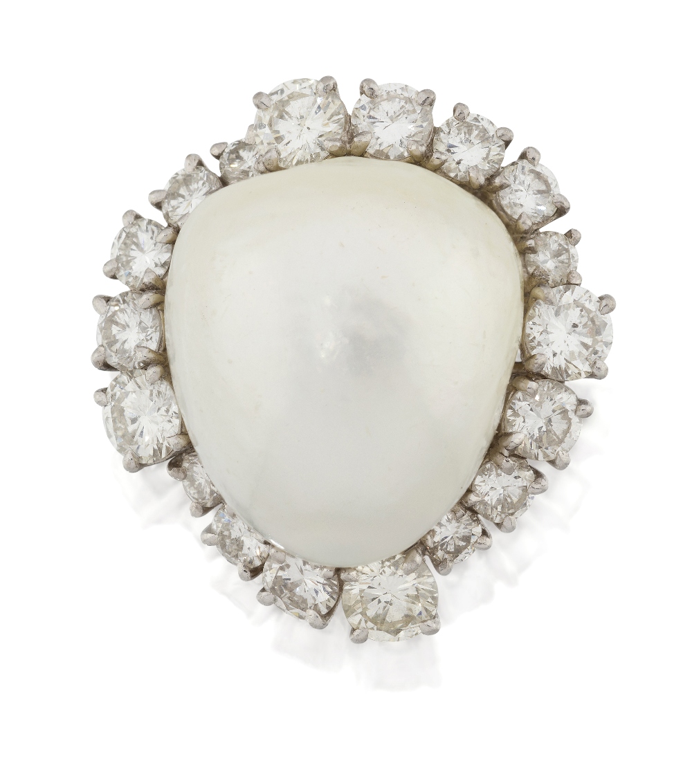 A large cultured pearl and diamond brooch, the single baroque shaped cultured pearl with brilliant-