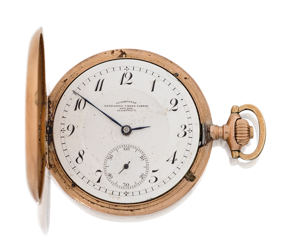 Glashutter, Prazisions Uran Fabrik. A late 19th century 14ct gold keyless lever hunter pocket watch,