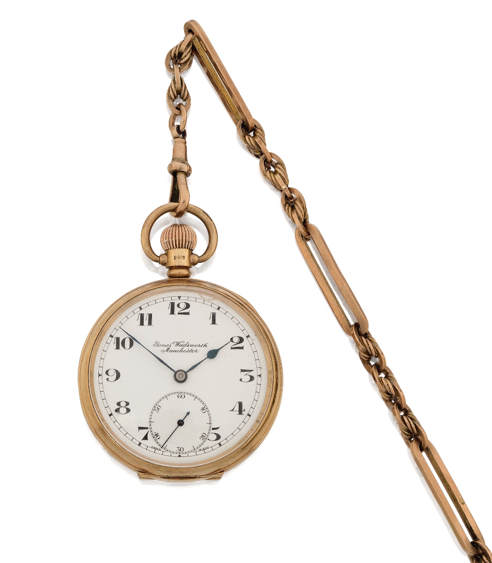 Henry Wadsworth, Manchester. A 9ct gold manual wind open face pocket watch with 9ct gold T-bar and