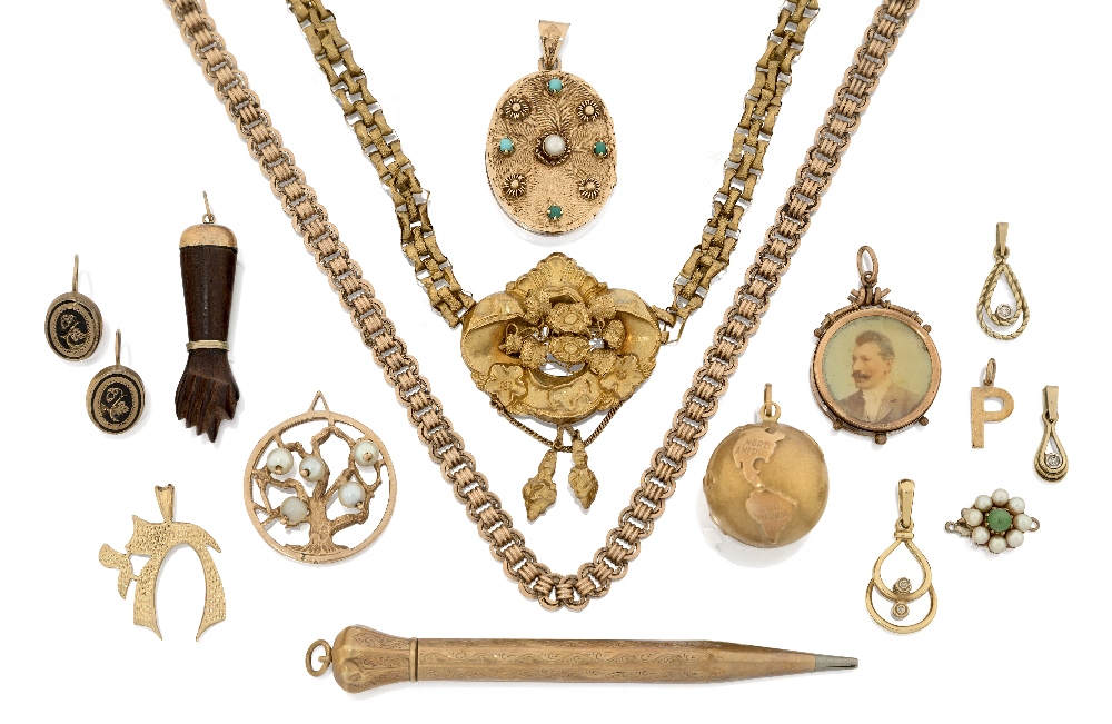 A group of jewellery including: an Austro-Hungarian watch chain, approx. length 50cm; a turquoise