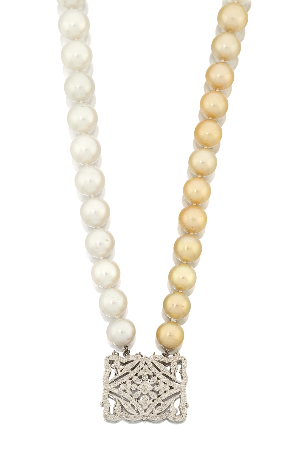 A two-colour South Sea cultured pearl and diamond two row choker necklace, composed of one row of