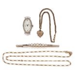 A small group of jewellery comprising: an Edwardian gold, diamond and pearl bar brooch, approx.