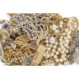 A group of costume jewellery including: a pair of cut steel and cultured pearl fan-shaped ear clips;