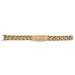 A 9ct gold name bracelet, with textured flat curb links to a blank rectangular name panel, London