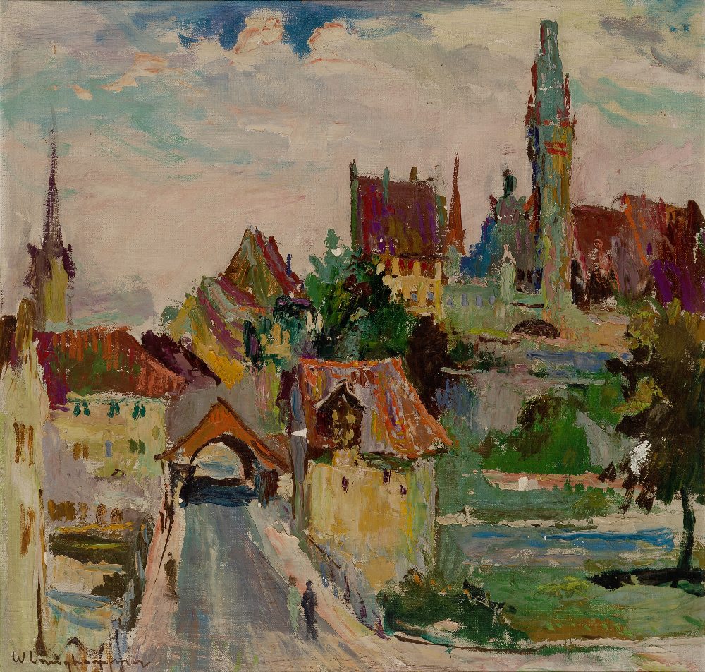 Walter Langhammer, Austrian 1905-1977 - View of a town; oil on canvas, signed lower left 'W