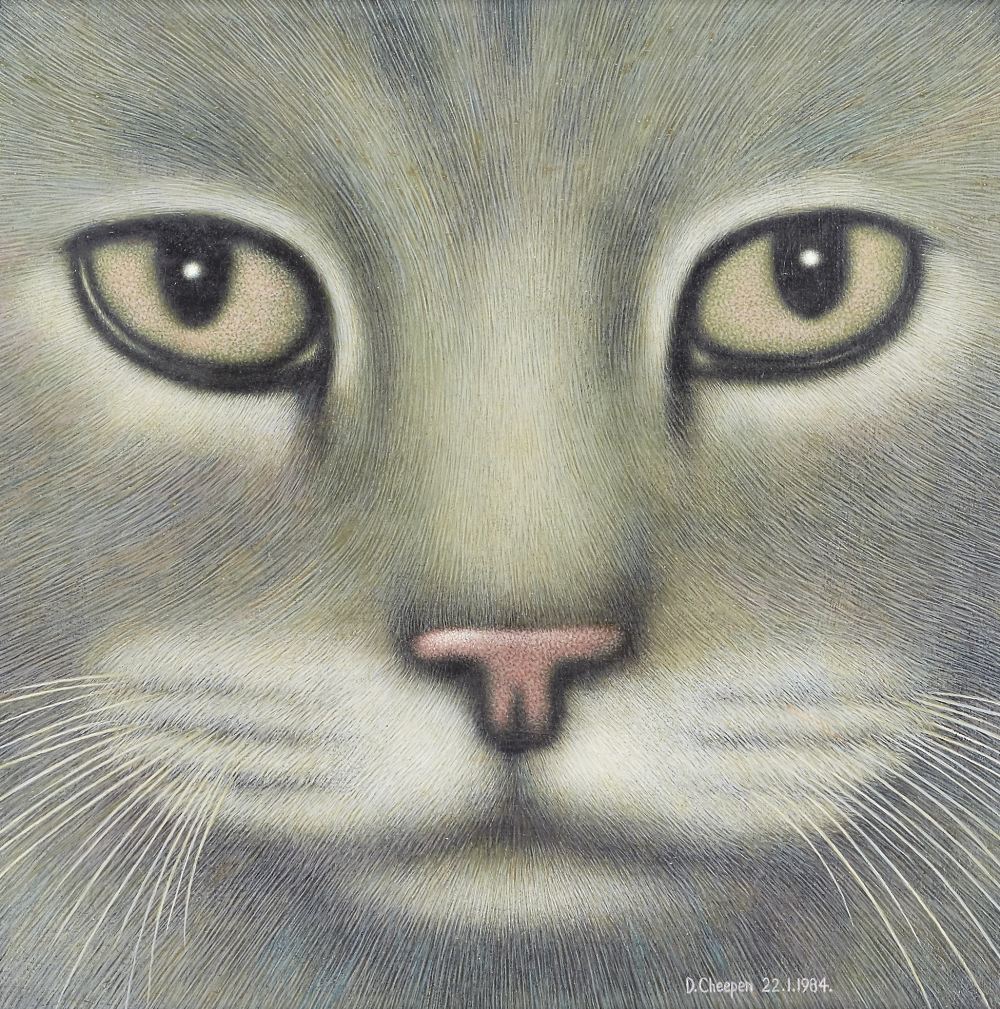 David Cheepen, British 1946-2016 - Grey cat, 1984; acrylic on board, signed and dated lower right '