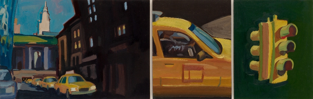 Lachlan Goudie, Scottish, b.1976 - Crosstown Traffic; oil on board, triptych, 25 x 80 cm overall (