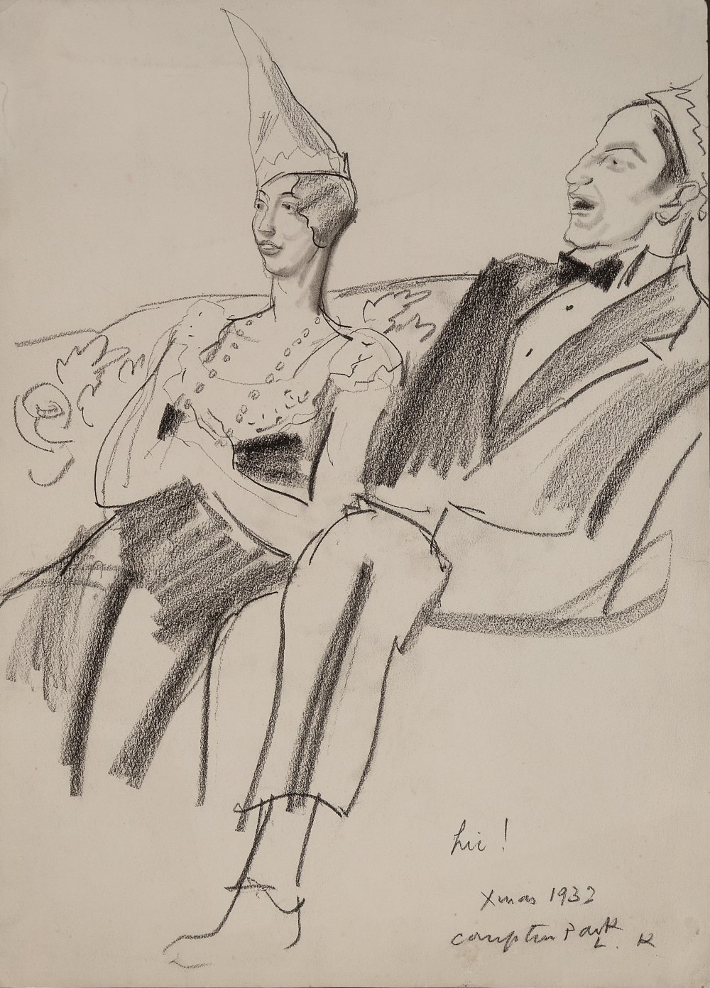 Dame Laura Knight RA RE RWS, British 1877-1970 - Couple celebrating Christmas, 1932; charcoal on