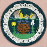 Scottie Wilson, Scottish 1888-1972 - Birds; enamel on ceramic plate, signed on the right '
