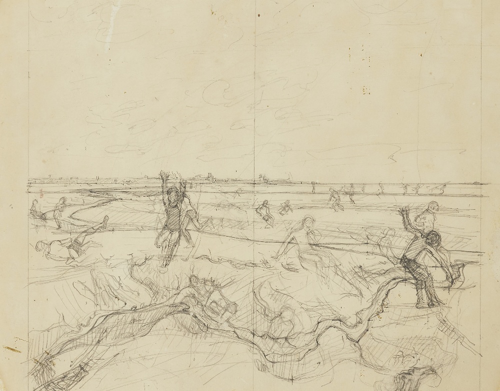 John Wonnacott CBE, British b.1940 - Estuary mud flat, boys leaping; pencil on paper, 26.5 x 34.5 cm