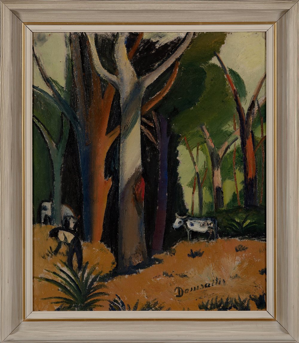 Pranas Domsaitis, South African 1880-1965 - Farmer and cattle in a forest; oil on board, signed - Image 2 of 3