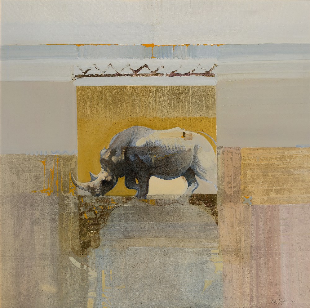 Keith Jourbert, South African 1948-2013 - Rhino in abstract landscape, 1998; oil with gold leaf on