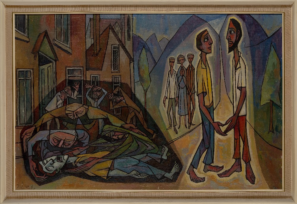 John Reilly, British 1928-2010 - Christ and the Accident; oil on board, signed lower left 'John - Image 2 of 3