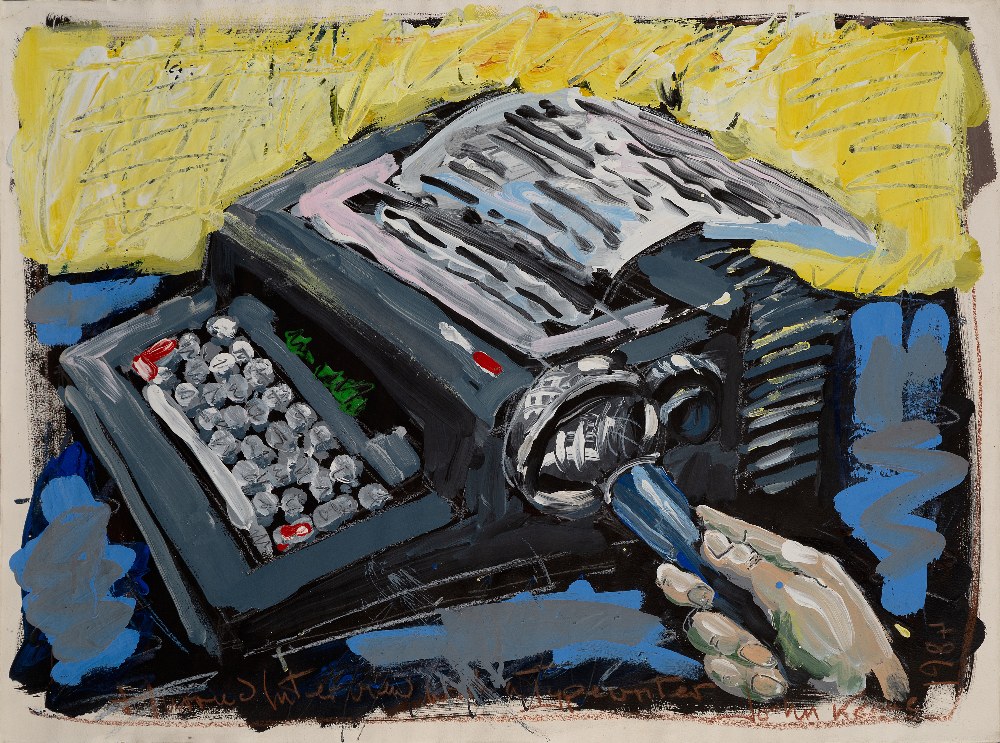 John Keane, British b.1954 - Hurried Interview with Typewriter; mixed media on paper, signed, titled