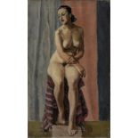 Sarah Nechamkin, British 1917-2017 - Nude with striped blanket; oil on canvas, 76 x 46 cm
