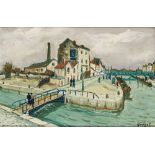 Alphonse Quizet, French 1885-1955 - Canal scene with bridge; oil on board, signed lower right '