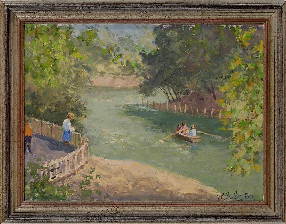 Alan Stenhouse Gourley PROI, British 1909-1991 - River scene; oil on board, signed lower right 'A - Image 2 of 3