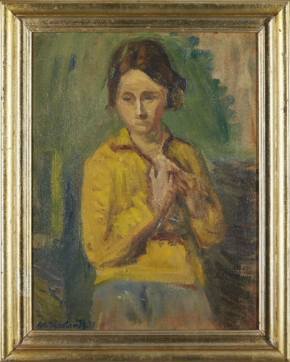 Martin Kaalund-Jorgensen, Danish 1889-1952 - Portrait of Kirsten in a yellow blouse, 1937; oil on - Image 2 of 6