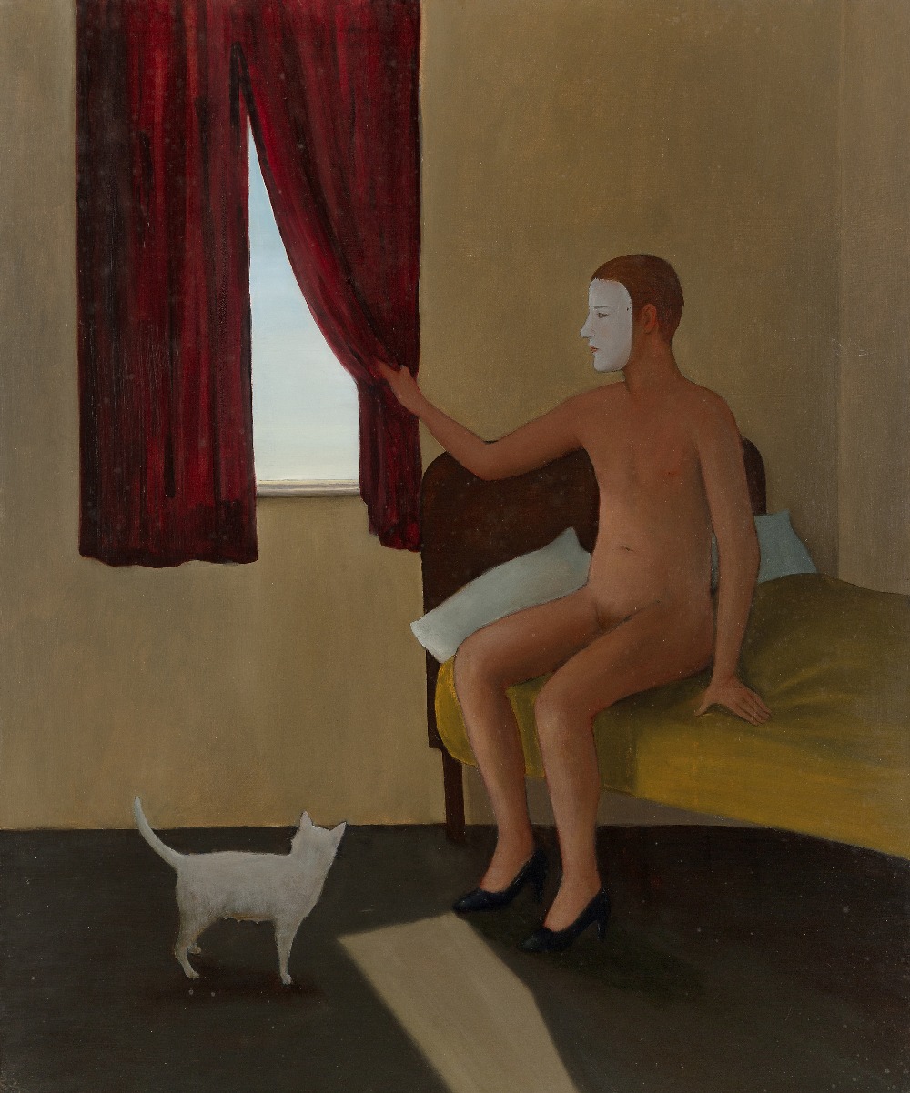 John Kirby, British b.1949 - Man with a White Cat, 1995; oil on board, signed, titled and dated on