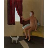 John Kirby, British b.1949 - Man with a White Cat, 1995; oil on board, signed, titled and dated on