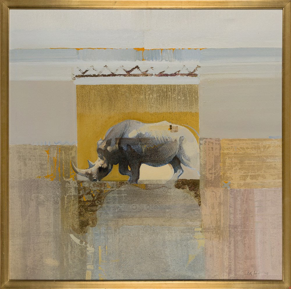 Keith Jourbert, South African 1948-2013 - Rhino in abstract landscape, 1998; oil with gold leaf on - Image 2 of 3