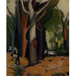 Pranas Domsaitis, South African 1880-1965 - Farmer and cattle in a forest; oil on board, signed