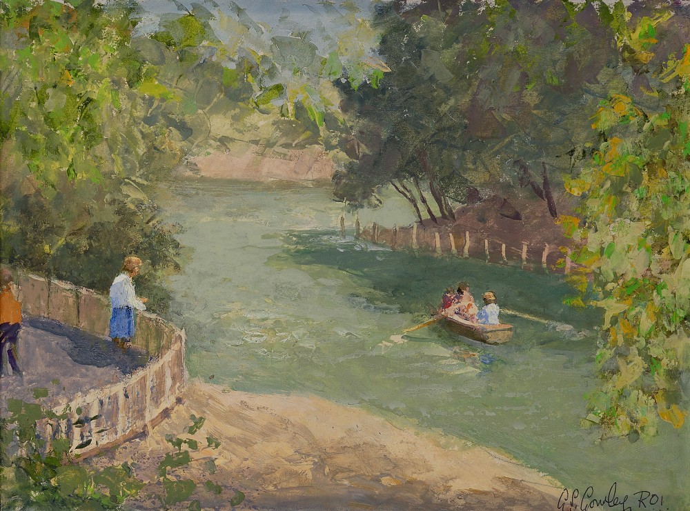 Alan Stenhouse Gourley PROI, British 1909-1991 - River scene; oil on board, signed lower right 'A