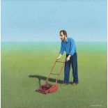 David Cheepen, British 1946-2016 - Man with lawn mower, 1994; acrylic on board, signed and dated