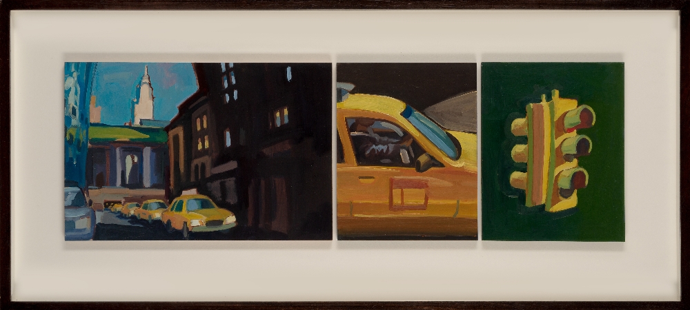 Lachlan Goudie, Scottish, b.1976 - Crosstown Traffic; oil on board, triptych, 25 x 80 cm overall ( - Image 2 of 3