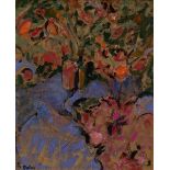 Germaine Dolan, British b.1945- Flowers; oil on burlap, signed lower left 'Dolan', 76.5 x 64 cm (