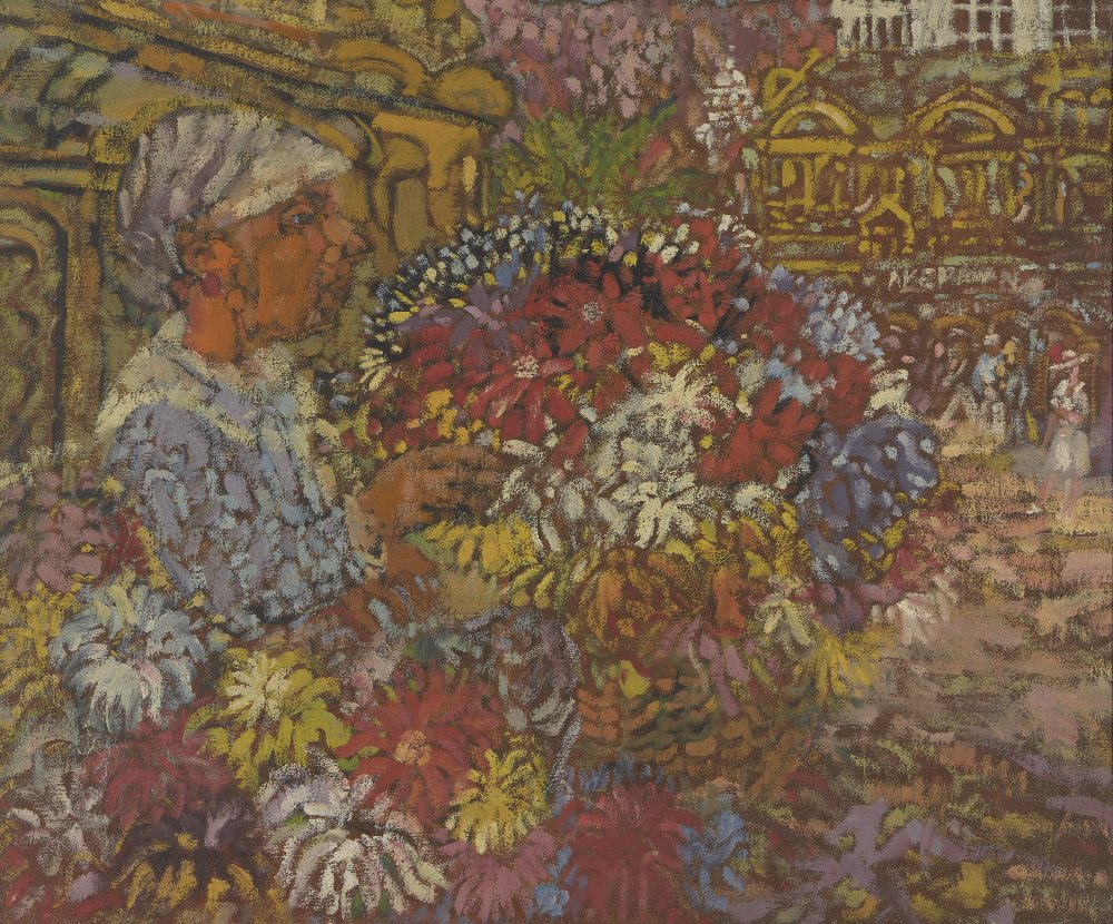 William D. Clyne, Scottish 1922–1981 - Flower Seller; oil on canvas, 64 x 76 cm Provenance: the