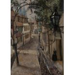 Max Walker, British 20th century - Rue du Lycee, Quimper, Brittany; tempera on paper, laid down to
