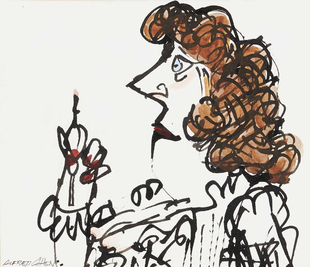 Alfred Cohen, American/British 1920-2001 - Lady in Frilly Blouse; ink and watercolour on paper,