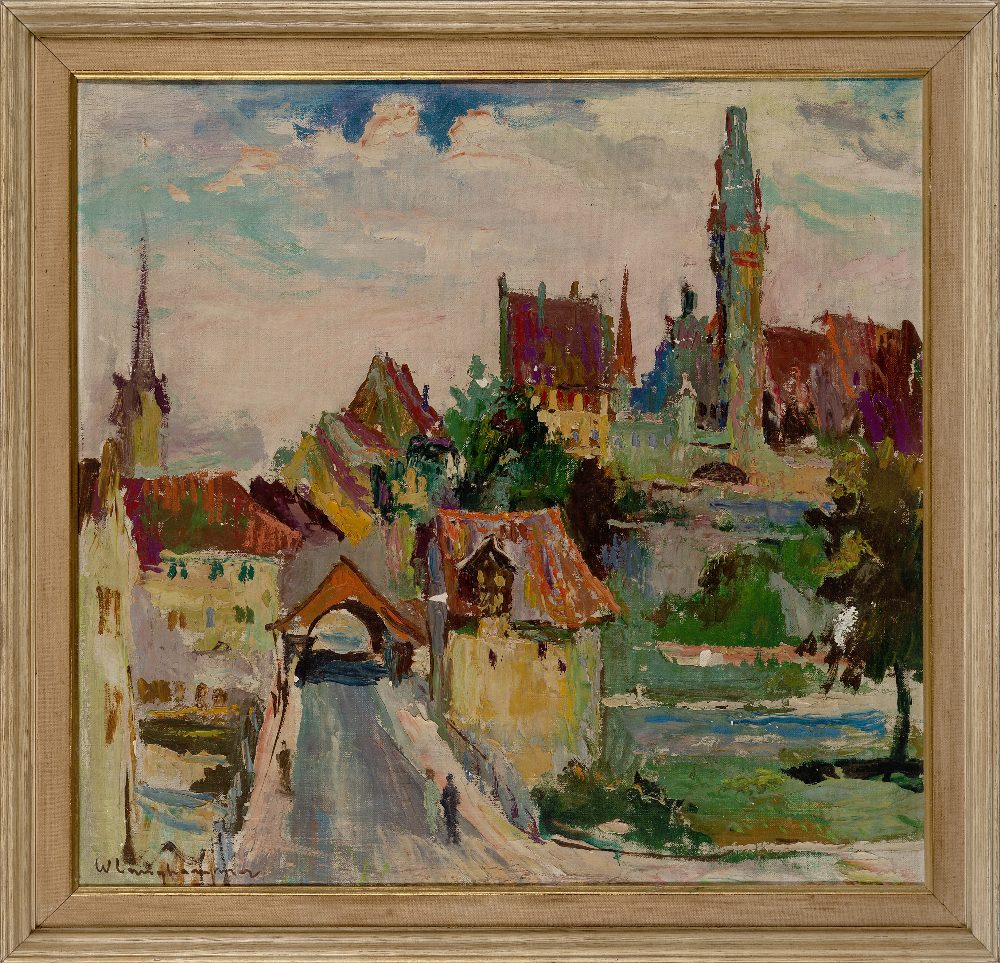 Walter Langhammer, Austrian 1905-1977 - View of a town; oil on canvas, signed lower left 'W - Image 2 of 3