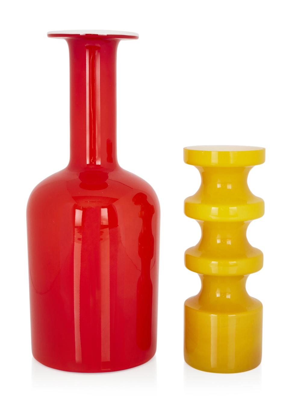 Otto Brauer (1911-1984) for Holmegaard, 'Gulvvase' bottle vase in red, together with a Per-Olof