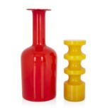 Otto Brauer (1911-1984) for Holmegaard, 'Gulvvase' bottle vase in red, together with a Per-Olof