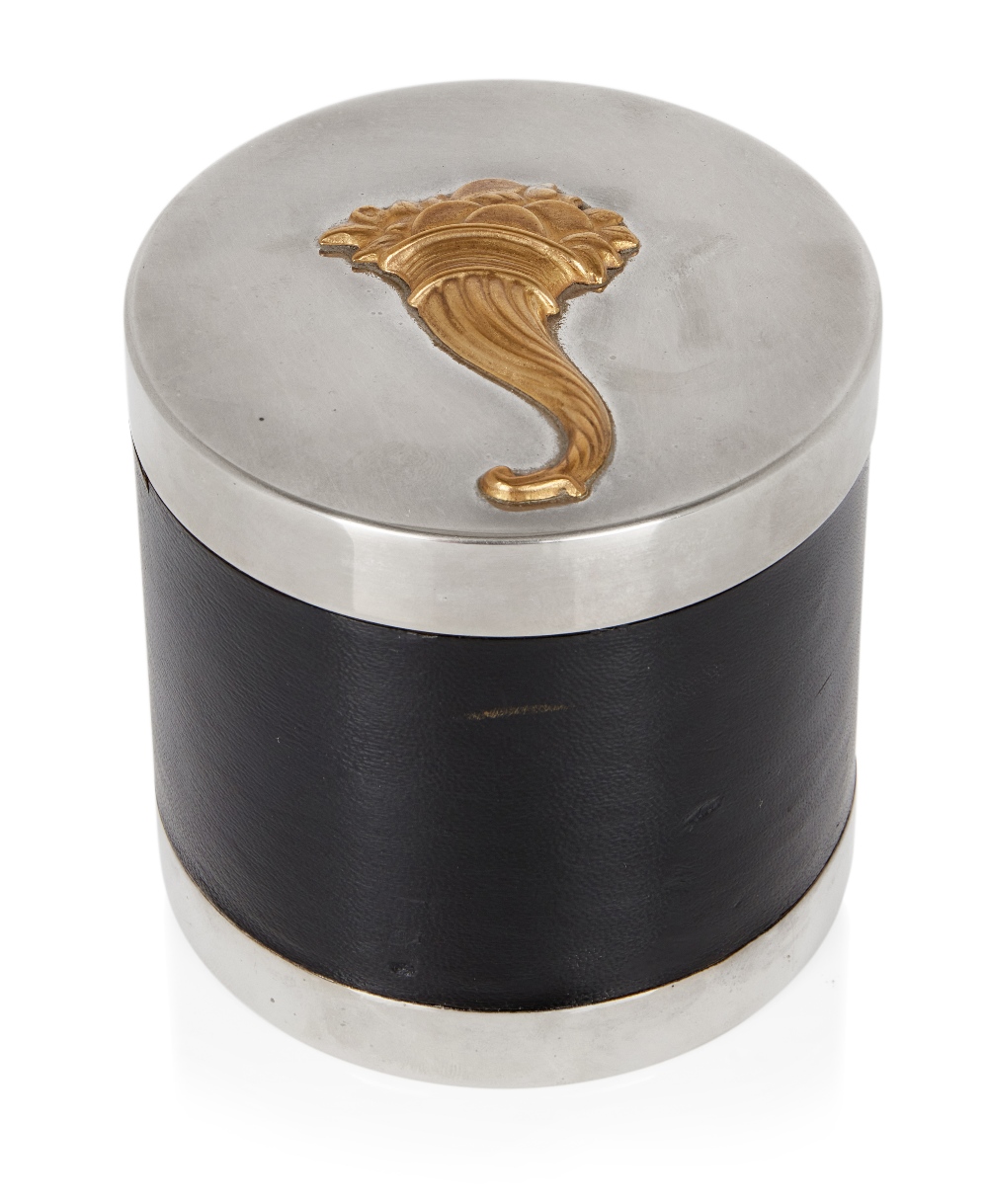 Hermes, Cylindrical box with cornucopia motif, circa 1960, Silver plate, gold plate, leather,
