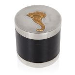 Hermes, Cylindrical box with cornucopia motif, circa 1960, Silver plate, gold plate, leather,