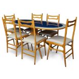 Manner of Ico Parisi, Dining table and six dining chairs, circa 1950, Beech, glass, leather, Table :