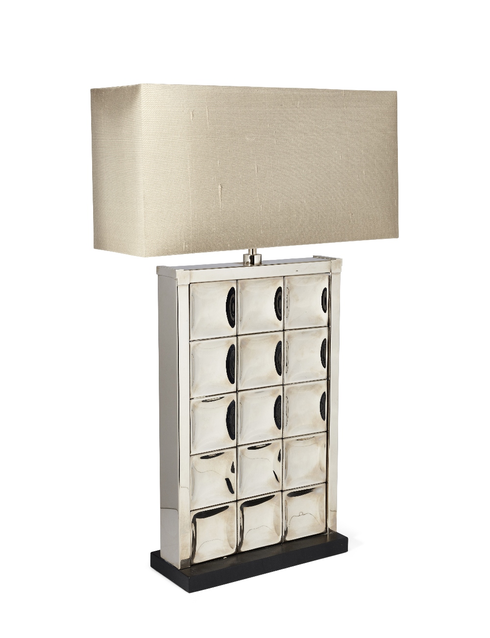 Porta Romana, Contemporary table lamp, circa 2010, Chromed and lacquered metal, fabric shade, 55cm